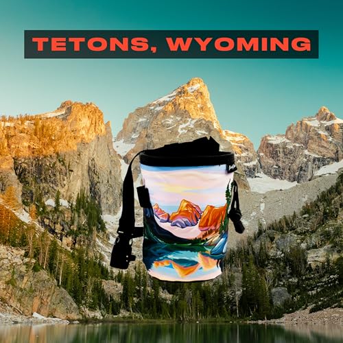 Rock Climbing Chalk Bag | for Outdoor, Gym, & Bouldering | Adjustable Waist Belt, Durable Drawstring Closure, & Zippered Pocket - style: Tetons