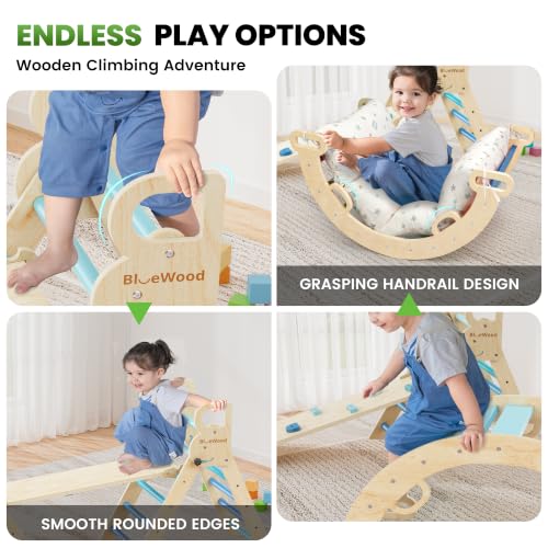 BlueWood Pikler Triangle Set with Cushion, Wooden Climbing Toys for Toddler | Foldable 8-in-1 Montessori Philosophy Toddler Climbing Toys Indoor with Reversible Ramp, Arch and Ladder - Sky Blue - color: Sky Blue