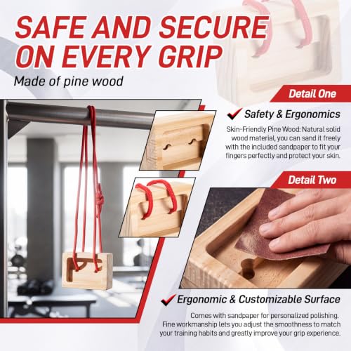 2 Pcs Portable Wood Fingerboard Climbing Hangboard with Adjustable Rope and Metal Clips, Dual Pocket Grip Blocks for Finger Hand Grip Strengthener, Home Gym Fitness Workout Equipment