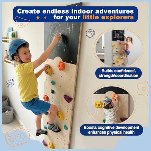 Wooden Rock Climbing Wall for Kids with 15 Rock Climbing Holds | Montessori Climbing Wall for Kids Indoor with Drawing Blackboard, Pre-Drilled Nuts, Home Gym Kids Playroom, Easy Assembly