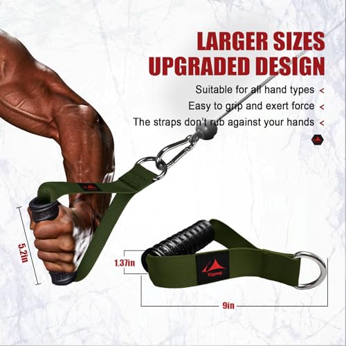 Heavy Duty Gym Exercise Handles Attachment for Cable Machine,Resistance Band,Pulley System Home Fitness Workout Equipment, with Elastic Rubber Grip and 2 Large Carabiners - color: Military Green