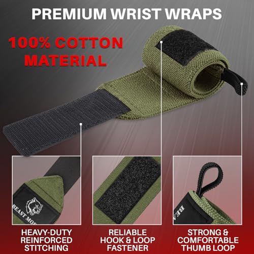 TECEUM Elastic Cotton Weightlifting Wrist Wraps with Thumb Loops, 1 Pair - color: Military Green, style: 12" – Arms on Fire