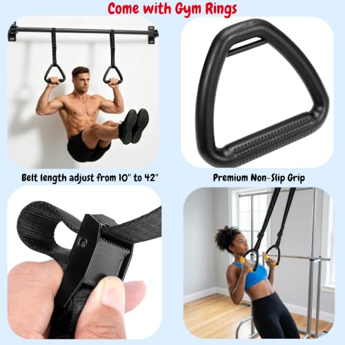 48'' Joist Mounted Pull Up Bar with Gym Rings Wall Studs Mount Chin Up Bar for Ceiling, Beams, Doorway & Corner Mount Heavy Duty Pull-up Grips for Home Gym Strength Training – Patent Pending