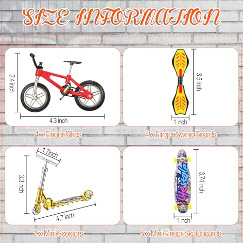Skylety 31 Pieces Mini Finger Toys Set for Boy Girl Includes 6 Finger Skateboards, 4 Bikes, 2 Mini Scooters 4 Swing Board 8 Matched Wheels 7 Tool Accessories Educational Toy Party Favor(Novel) - style: Novel
