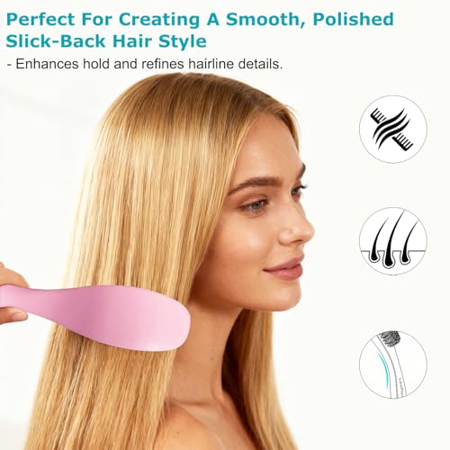 Boar Bristle Slick Back Hair Brush - Edge Control Hairbrush for Women Men | Medium Hard Natural Slicking Back Brushes for Straight and Curly Hair Smoothing Detangling, Anti-Frizz (Pink)