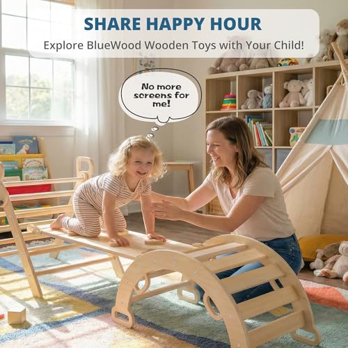 BlueWood Pikler Triangle Set, Toddler Climbing Toys Indoor 7in1 Foldable | Wooden Climber for Kids, Montessori Philosophy Play Jungle Gym with Arch, Ramp, Ladder (Natural) - color: Natural