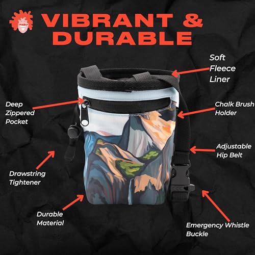 Rock Climbing Chalk Bag | for Outdoor, Gym, & Bouldering | Adjustable Waist Belt, Durable Drawstring Closure, & Zippered Pocket - style: Yosemite Valley