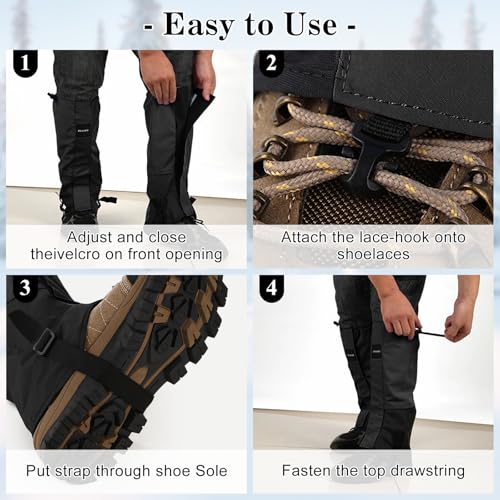 Waterproof Adjustable Hiking Gaiters for Men and Women, Snow Boots-Gaiters for Hiking in Hunting Sand Mud Mountain Climbing Snowshoeing - color: Black