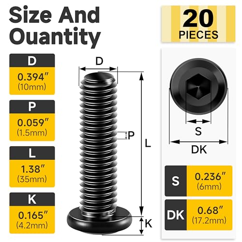 Mywish M10 x 35mm 20Pcs Flat Head Hex Socket Cap Screws Bolts, 304 Stainless Steel Furniture Bolts Full Thread & Hex Spanner, Black Oxide - color: Black-M10, size: 35mm