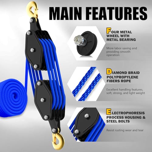 YATOINTO Rope Hoist Pulley System, 4400LB Pulley Block and Tackle, 8:1 Ratio Lifting Power 65ft, Heavy Duty Pulley Block for Hunting Lifting Heavy Objects Garage Warehouses Building (Blue) - color: Blue(Powder Coating)