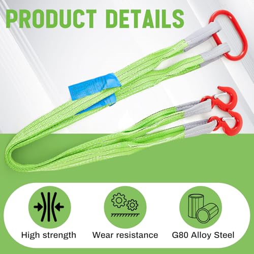 2 Pcs 5 FT Heavy Duty Polyester Lifting Rigging Straps Two Leg Bridle Web Sling with Hook & Twist Eye Lift Strap for Hoist Engine Crane Truck Tow Tree Stump 6613 Lbs Load Capacity, Green