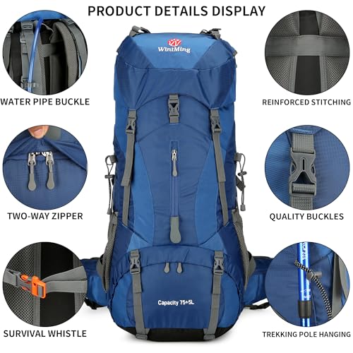 75L Hiking Backpack with Rain Cover Waterproof Camping Backpack Shoes Warehouse for Men Women, Frameless - color: Navy, size: 75L