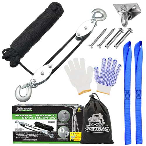 XSTRAP STANDARD Rope Hoist Pulley System, 1000LB Capacity Block and Tackle, 5:1 Lifting Power 50ft Heavy Duty Pulley Block for Hunting Lifting Objects with Work Gloves, 2pcs Soft Loops, 1 Swing Hanger - color: 50 Ft+Silver Black+1 Swing Hanger