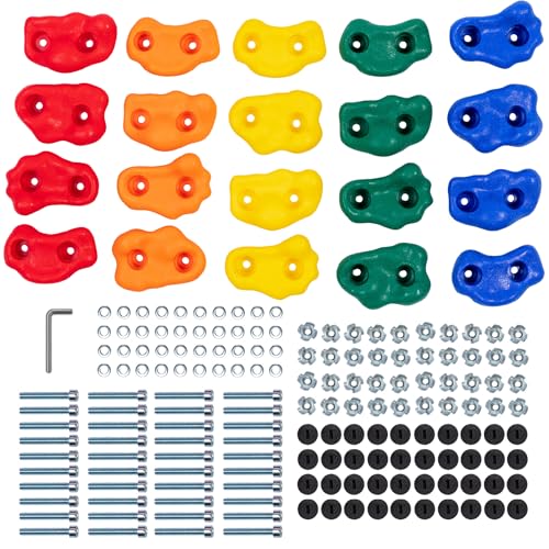 Squirrel Products Rock Climbing Holds for Kids, Deluxe Extra Large Climbing Rocks with Mounting Hardware - DIY Rock Wall Indoor & Outdoor Playground Accessories Wall Climbing Kit - Ages 3+ - style: 20 Pack with Patented Safety Plugs