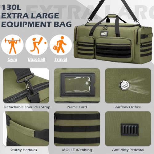 135L Extra Large Duffle Bag, Heavy Duty Sports Gym Travel Duffel Bag | for Basketball, Baseball, Hockey, Football, Helmets, and Pads - color: Green