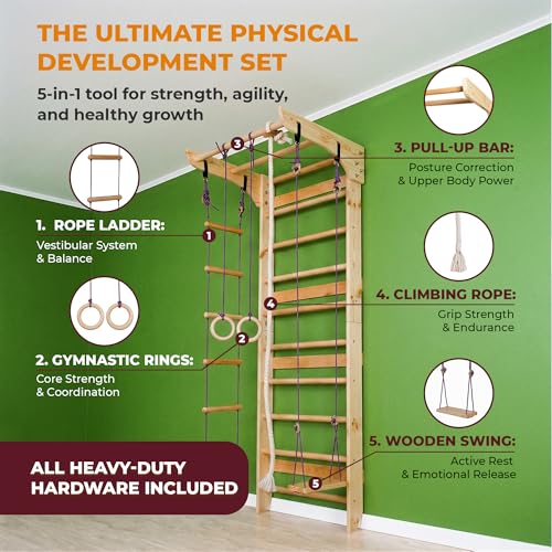 WEDANTA Wooden Swedish Ladder Wall Set – Kids Stall Bars for Exercise – Kids Swedish Gymnastic Wall Gym – Wood Stall Bar Gymnastics Playground – Best Gym for All Family - color: Wood