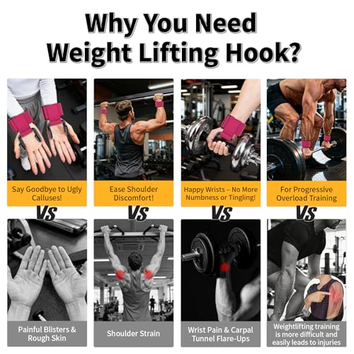 GPANDAG Weight Lifting Hooks for Men and Women (Pair) | 330 LB Heavy Duty Gym Lifting Wrist Strap Hook for Deadlifts, Pull-Ups, Strength Training, 0.4inch Grip Weightlifting Hooks - color: Rose Red
