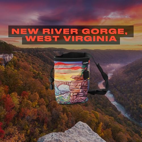 Rock Climbing Chalk Bag | for Outdoor, Gym, & Bouldering | Adjustable Waist Belt, Durable Drawstring Closure, & Zippered Pocket - style: New River Gorge
