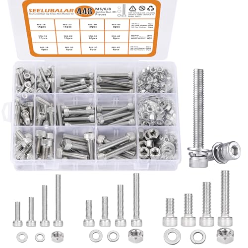 448 pcs M5/M6/M8 Metric Hex Head Socket Cap Bolt & Nut Assortment,304 Stainless Steel Metric Machine Screws, Hex Socket Head Cap Screws Nuts and Bolts Assortment Kit with Flat & Lock Washers - size: M5/M6/M8 - 448PCS