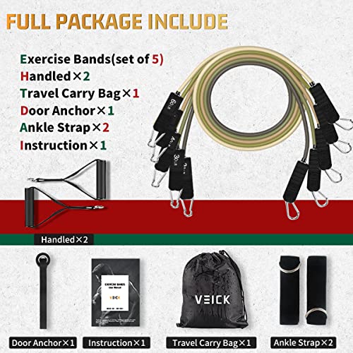 VEICK 10-150LBS Resistance Bands with Handles, Ankle Straps, Door Anchor | Accredited Lab Certified, 100% Natural Latex, Versatile for Yoga, Pilates, Strength, Home Gym - color: Army Green, style: 20-200LBS