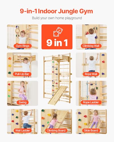 VEVOR Swedish Ladder Wall Gym, 9-in-1 12-Level Solid Wood Gymnastic Stall Bars for Kids Adults, 220LBS Indoor Jungle Gym with Rock Climbing Wall, Gym Rings, Pull-Up Bar, Climbing Board, Slide, Swing - style: 12-Level 9-in-1