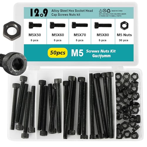 50PCS M5 x 50mm 60mm 70mm 80mm, Hex Socket Head Cap Screws Bolts Nuts Kit, 12.9 Grade Alloy Steel, Black Oxide Finish, Metric Allen Drive, Fully Threaded - size: Socket M5x50/60/70/80mm