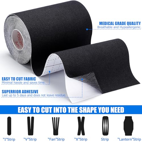 3 Pack Wide Kinesiology Tape, 4in x 5.5yd Athletic Tape, Black - color: Black 4in