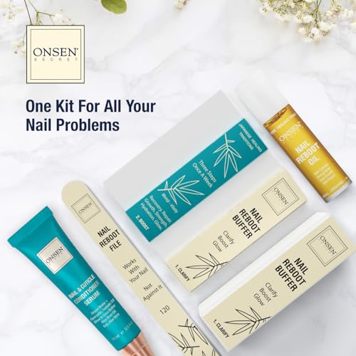 Onsen Secret Complete Nail Reboot Kit w/Cuticle Oil 10ml, Nail File 120/180 Grit Double Sided, A 3-Way Buffer Block & Cuticle Serum-15ml in Action | Super Value Pack - size: Complete Nail Reboot Kit