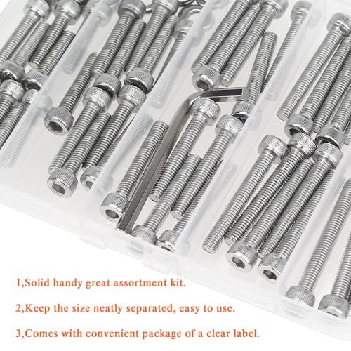 HELIFOUNER 88 Pieces M5 x 20mm /25mm /30mm /35mm /40mm, Hex Socket Head Cap Screws Bolts Washers Nuts Kit with Hex Wrench, 304 Stainless Steel - size: M5 Screw Kit (88 PCS)