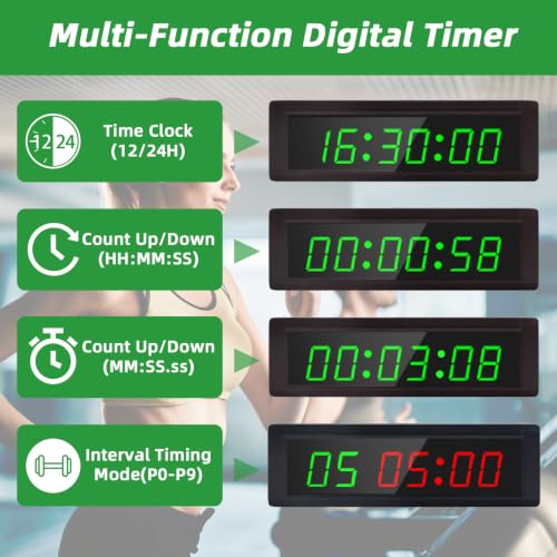 Gym Timer Clock with Remote Control & Push Button,7 RGB Color, Programmable Interval Timer, Countdown/Up Stopwatch,Wall Clock for Home Gym Garage,Portable Training Accessories(Plug-in) - style: plug-in