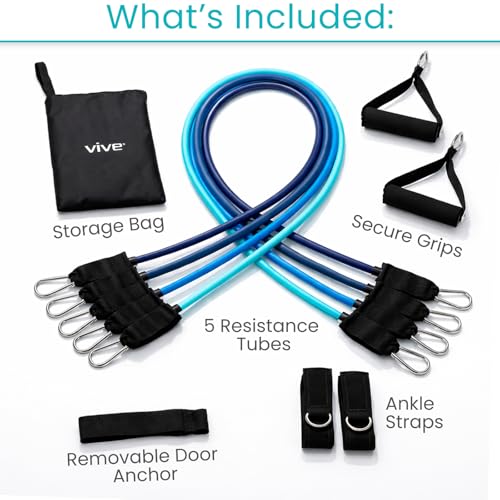 Vive Resistance Band Set (11 PCS) (With App) - Versatile Exercise Tubes with Wide Handles, Workout Poster, & Door Anchor - Adjustable 10-50 LB Tension for Full Body Home Fitness & Rehab -for Men/Women