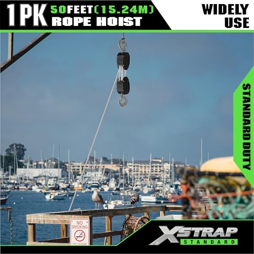 XSTRAP STANDARD Heavy-Duty 50 FT Reflective Rope Hoist Pulley System, White | Metal Wheels Bearing 2000 LB Breaking Strength Block and Tackle Pulley System for Lifting Heavy Objects, with 2pcs Soft Loops - color: 50ft White Upgraded