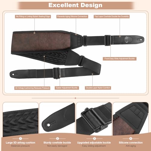 Guitar Bass Strap, Embroidered Electric Guitar Strap, Double Adjustable Buckle, Length Adjustable from 49" to 63", Equipped with 3" 3D Foam Padding, Suitable for Taller Guitarists, Smooth Brown. - color: Smooth Brown(49"-63")