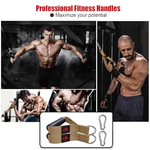 Heavy Duty Gym Exercise Handles Attachment for Cable Machine,Resistance Band,Pulley System Home Fitness Workout Equipment, with Elastic Rubber Grip and 2 Large Carabiners - color: Noble Khaki