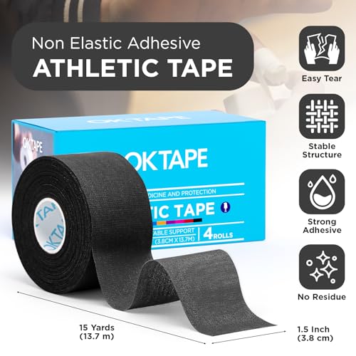 OK TAPE 4 Rolls Black Athletic Tape, Sports Tape, Very Strong Easy Tear Wrist Ankle Tape, No Sticky Residue | Athletes, Medical, Athletic Trainers- 1.5inch x 15yards - color: Black-4 Rolls, size: 15 yards