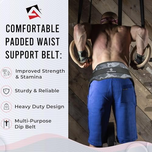 AQF Dip Belt with 36" Steel Chain - Neoprene Padded Back Support Belt | Secure Carabiners for Weighted Pull ups, Dips, Gym, Powerlifting, Bodybuilding, Squat & Fitness - color: Grey Camo