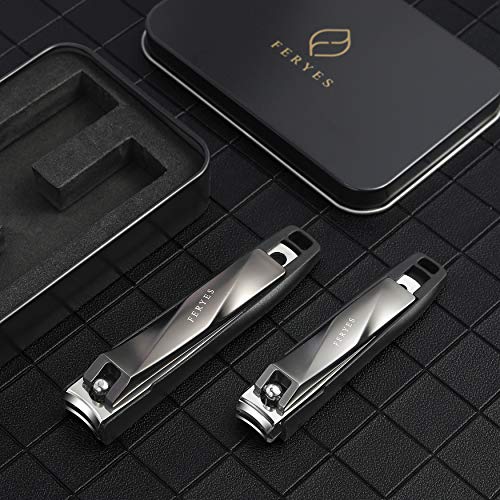 FERYES Nail Clippers with Catcher 2 PCS Set, No Splash Fingernail Clipper and Toenail Clipper, Stainless Steel Nail Cutters - W/Black Metal Case Packing - color: Black 2pcs