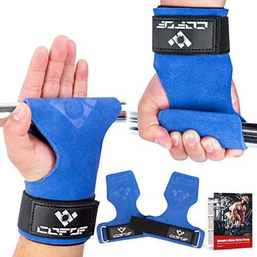 COFOF Weight Lifting Wrist Strap, Double Layer Leather Wrist Strap for Deadlift and Powerlifting, Adjustable Neoprene Padded Gym Workout Lifting Hooks (Pair) - color: Blue