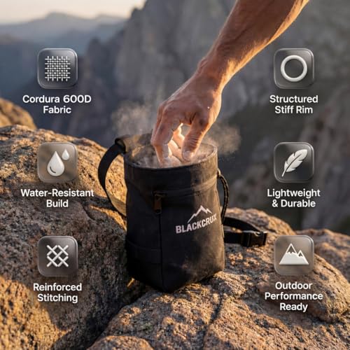 Chalk Bag for Rock Climbing, 600D Cordura Climbing Chalk Bag with Stiff Rim, Water-Resistant Design, Zippered Pocket, Adjustable Belt & Brush Holder, for Bouldering, Gym, Weight Lifting