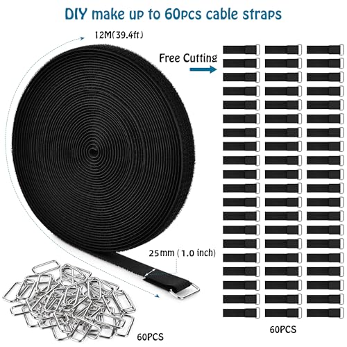 Nettbe 1"x39.4ft Hook and Loop Straps with 60 Buckles Adjustable Cut-to-Length Cable Ties Roll- Reusable Nylon Fastening Tape Cable Straps for Storage or Organization (1in x 39.4ft) - size: 1in x 39.4ft