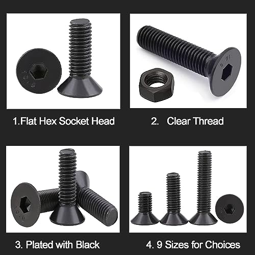 219 Pcs Black Metric M4 M5 M6 Flat Head Socket Cap Screws Countersunk Bolts, Alloy Steel Hex Socket Cap Bolts and Nuts, Allen Socket Drive Screws - size: Black Flat Head