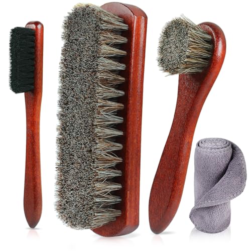 Rolett 4-Piece Horsehair Shoe Brush Shine Kit, Horse Hair Brush for Leather | Premium Shoe Polish brush, Leather Shoe Boot Brushes for Cleaning and Polishing