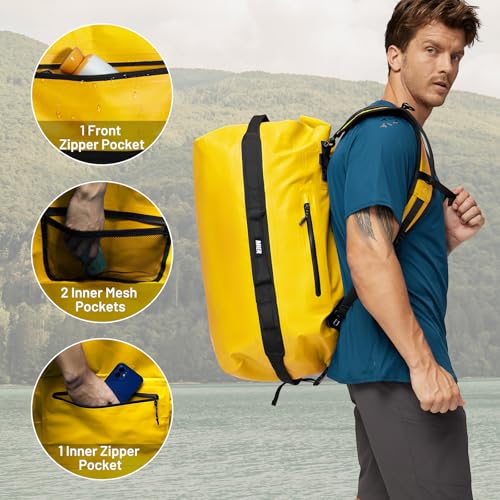 MIER Large Waterproof Duffel Bag - 60L/80L Dry Bag Backpack | Detachable Backpack Straps; Multi-Pockets; Roll-Top with Hook-and-Loop Closure; Motorcycle, Kayaking, Gym, Beach, Boating - color: Yellow, size: 80L