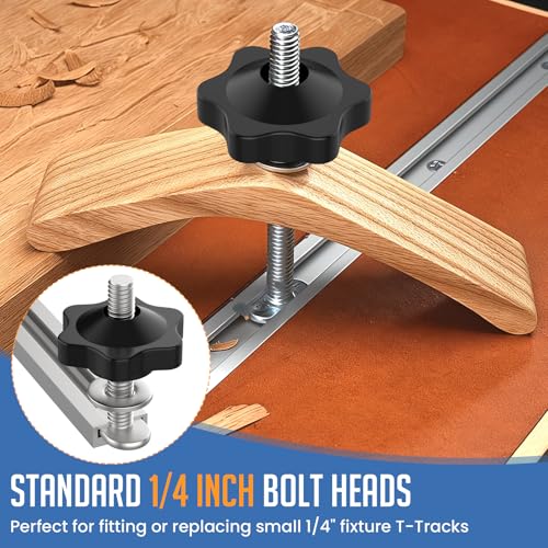 10 Sets 1/4-20 T Track Bolt Knob Kit | T-Track Accessory Includes 1-1/2" & 2" T-Slot Bolts with Washers and Star Knobs for Woodworking Jigs and Fixtures - size: 1/4-20 T Track Knob Kit