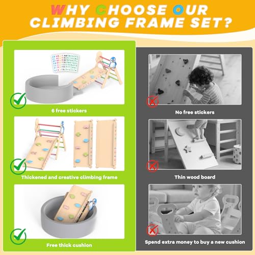 Acenova Pikler Triangle Climbing Set with Cushion and DIY Name Stickers, Montessori Wooden Climbing Gym for Toddlers, Indoor Jungle Gym, Dinosaur Pikler Triangle Arch Ramp Climber Toy