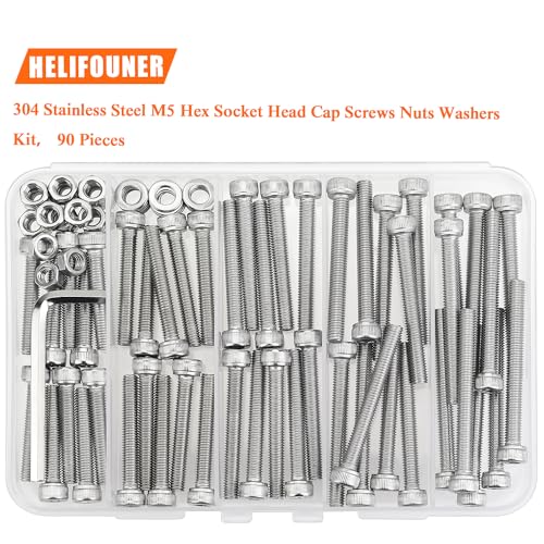 HELIFOUNER 90 Pieces M5 x 30mm /35mm /40mm /45mm /50mm, Hex Socket Head Cap Screws Bolts Washers Nuts Kit with Hex Wrench, 304 Stainless Steel - size: M5 Long Screw Kit (90 PCS)