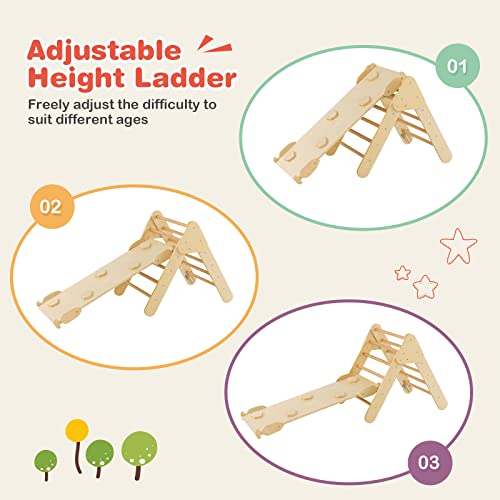 HONEY JOY 5 in 1 Wooden Climbing Toys for Toddlers, Triangle Climber with Ramp for Sliding or Climbing, Indoor Beech Montessori Triangle Climbing Arch Set for Daycare, Gym & Playground, Natural - style: 5 In 1