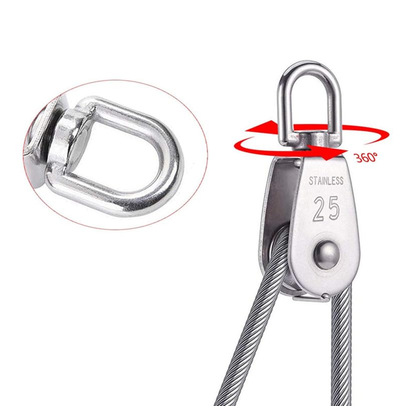 2Pcs M25 Single Pulley Block 304 Stainless Steel Swivel Cable Pulleys Wheel for Lifting/Hanging Pulley System, Heavy Duty Rope Single Wheel Kit, Max-Load 150kg/330lbs