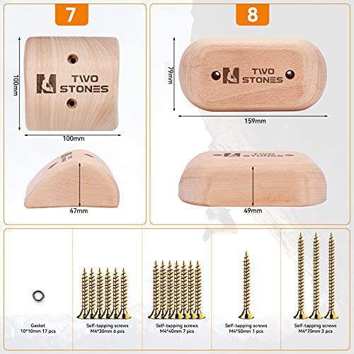 TWO STONES Wooden Rock Climbing Holds Kids and Adults | Wood Rock Wall Climbing Holds Kids and Gyms | Variety Screw On Climbing Hand Holds Set with Mounting Hardware