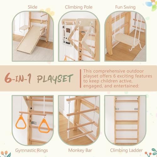 6-in-1 Swedish Ladder Wall Gym, Wooden Climbing Set with Slide, Swing & Rings